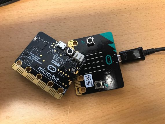 A micro:bit, which looks like a black card with lots of gold buttons and labels.