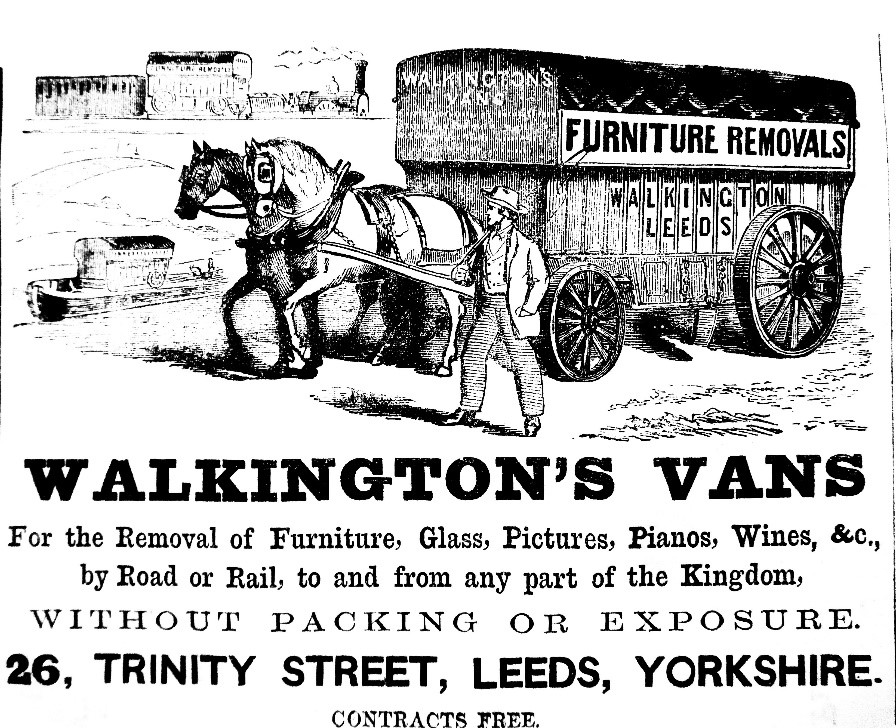 An old poster with a sketch of a cart and 2 horses for 'Walkington's Vans' furniture removals