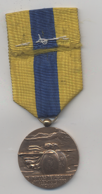 A gold medal with a yellow and blue striped ribbon.