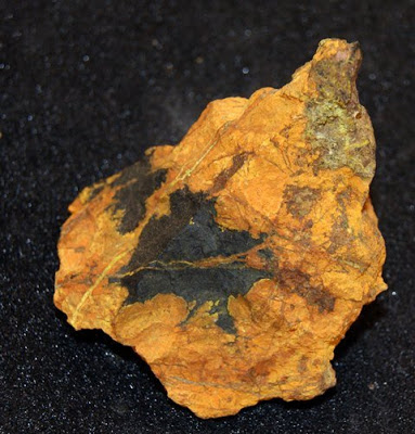  A piece of Uraninite. It looks like an orange rock with black marks on.