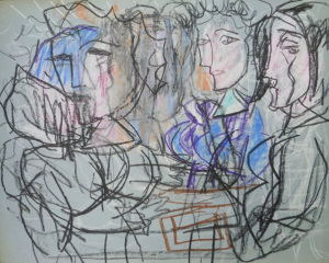 Abstract coloured drawing of figures on teal background