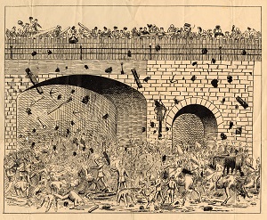 A photograph of a print, which shows bricks being thrown from a bridge onto people below.