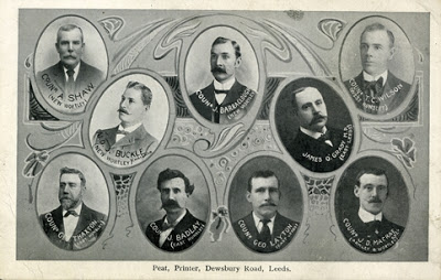 A postcard with 9 portraits of men in black and white.