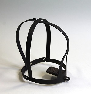 A photograph of a scolds bridle, which looks like a metal cage for your head. There's a metal bit sticking out in the place where you rmouth would be.