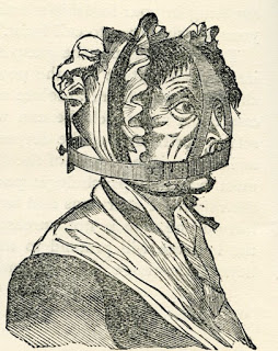 A drawing of a woman wearing a scolds bridle, which looks like a cage around her head.
