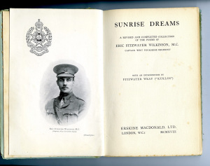 A book of war poetry open on the title page called sunrise dreams, with a black and white photograph of a soldier who is the author.