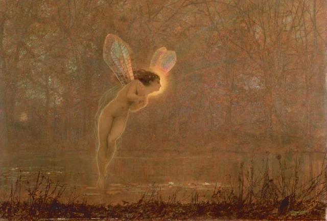 Grimshaw's painting of a lake scene with a fairy image glowing against a pink and brown colour scheme