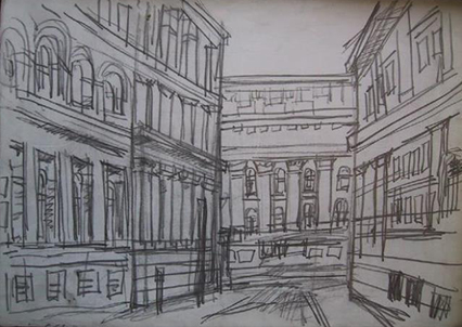An image of Woodrow's 'Alexander Street'. The drawing is in black and white, and shows a street with a road and a building at the end, using harsh, sketchy lines.