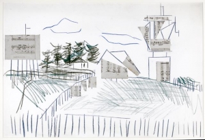 An image of Woodrow's 'Towers Near Leeds', which shows a surreal landscape with trees, a hill and a tower, and features cut outs of manuscript paper.