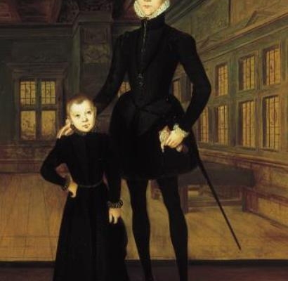 Two boys stand against a backdrop of a Tudor Hall. Darnley is on the right and much older, and places a hand on his younger brother Charles.