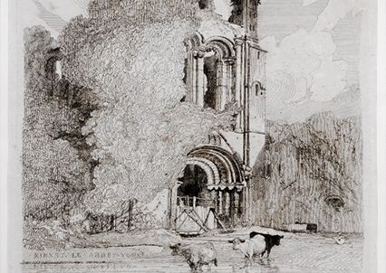 Etching on Paper of Kirkstall Abbey, with cows drinking water from the lake at the front.