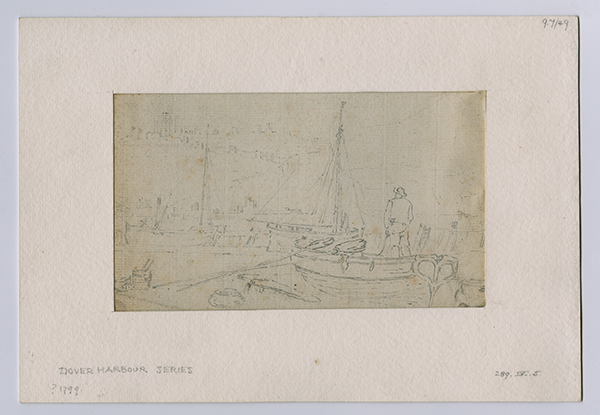 A pencil sketch. A boat with a man standing up in the foreground - the man is looking between the other boats at the cliff in the distance.