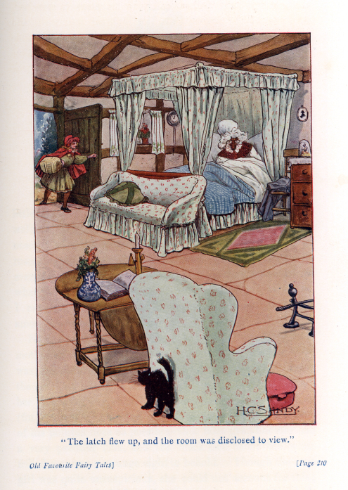 H.C. Sandy's illustration is much more comic and playful with a rather absurd looking wolf tucked up in bed wearing granny’s nightie.