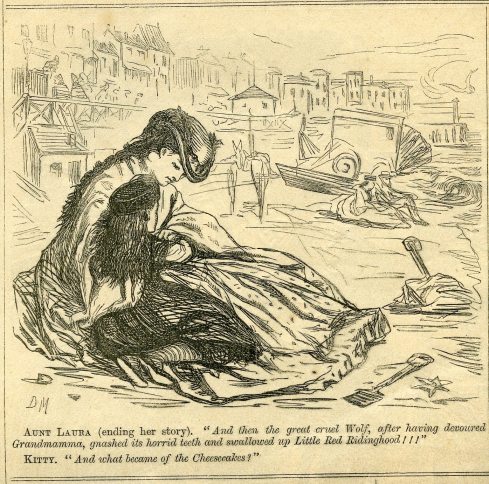 A black and white cartoon illustration of a woman in a woman's arms, telling her the story of red riding hood - she replies 