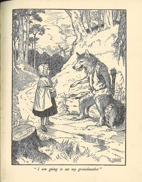 A page of a book with a black and white illustration of red riding hood, talking to a wolf in a forest. The caption says 
