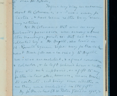 Letter to Kitson from a Mrs M. Porter on 27 April 1927, telling him of some paintings her family sold.