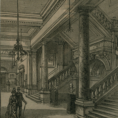 An old sketched image of a grand staircase with pilllars. Two Victorian visitors to the gallery are in the bottom left corner. The gallery looks very grand.