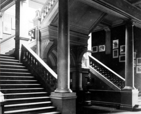 The iconic Victorian Staircase at the heart of Leeds Art Gallery.