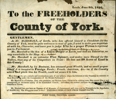 Old piece of paper. Beige with black printed text. The title is 'To the Freeholders of the County of York'