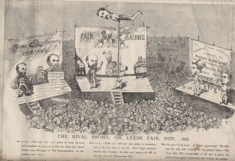 Black and white cartoon of the Rival Shows. You can see a big crowd around three stages. Men are standing on the stage giving speeches and they have been illustrated with big heads