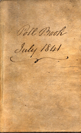 Cover of a well preserved brown book from 1841. On the book you can read Poll Book July 1841 handwritten in black