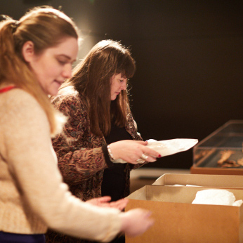 Assistant Registrar Jill McKnight (left) helping Jelena to pack away a skeleton at Leeds City Museum. Photograph by David Lindsay.