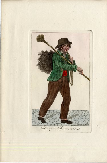Colour painting of a Sweep walking somewhere with his equipment. He is wearing an old outfit. A green jacket and some brown trousers.