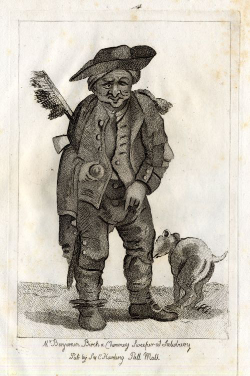 Funny black and white painting of a sweep standing next to a dog. He is carrying his equipment on his back. He seems a bit grumpy.