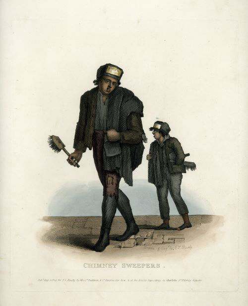 Painting of a two sweep walking somewhere with their equipment. They are wearing dark cloths and have a sad expression. The background is white.