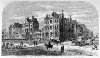 black and white etching of the Infirmary in 1868, looking very grand, with people on horses and carriages in the roads.