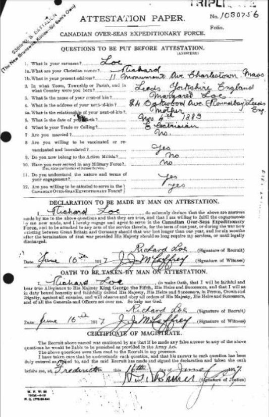 War service record of Richard Loe