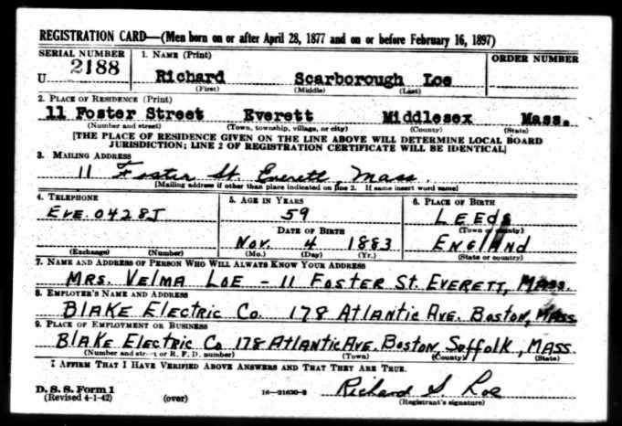 War service registration card of Richard Loe