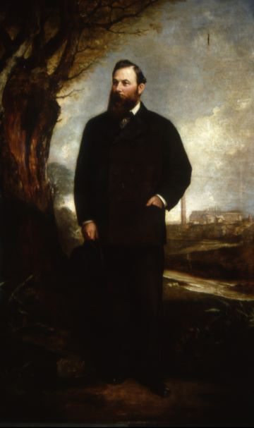 A painted portrait of Samson Fox in a black suit, with a long beard. The portrait is very dark, but he's standing in a landscape and you can make out the Leeds Forge just behind him.