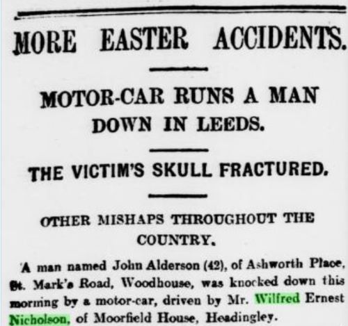 a clipping from a newspaper, with the headline 'motor car runs a man down in Leeds, The victim's skull fractured'. Wilfred is named in the article.