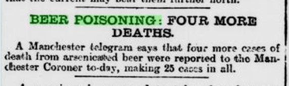 a newspaper clipping with the headline 'Beer Poisoning: Four more deaths'. The article states that the toll was up to 25 at that time.