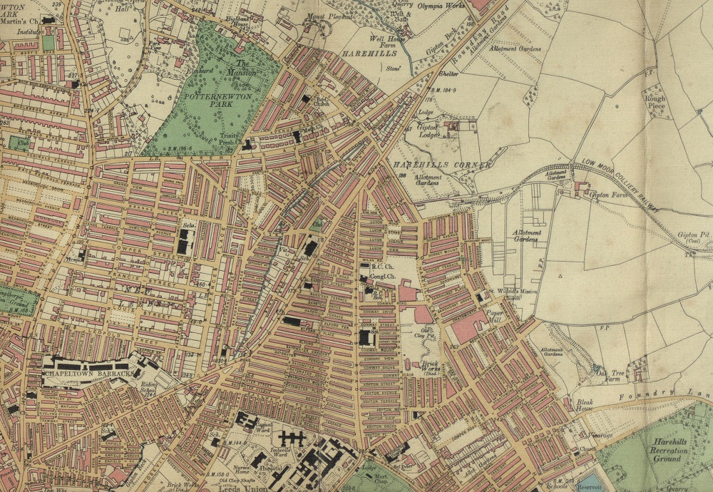An intricate coloured map showing the streets and houses of Harehills.