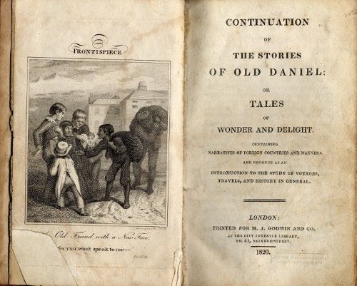 A double page spread of a book called 'Continuation of The stories of old Daniel: or tales of wonder and delight'. There is an engrained picture on the left hand side of two men carrying sacks and begging.