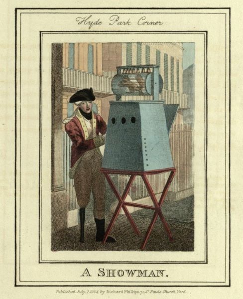 A drawing of a man in Georgian clothing standing next to a stand with a big blue cage on it. an animail is running around in a compartment at the top.