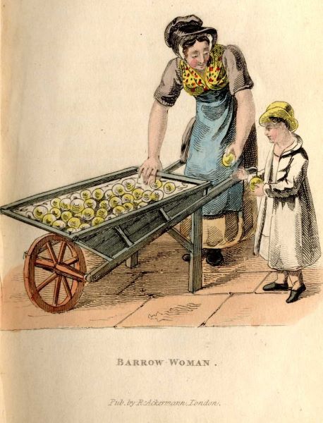 A colourful image of a woman and young girl pushing a wheelbarrow full of lemons.