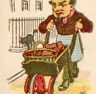 a colourful drawing of a man wearing an apron and a hat, pushing a wheelbarrow filled with meats