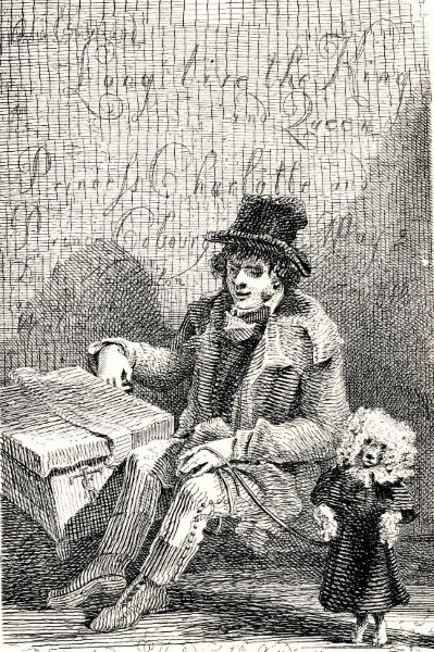 a black and white image of a man in Victorian dress wearing a top hat sitting on the floor, holding a dog on a lead that's dressed up like a woman and looks like it's doing a dance