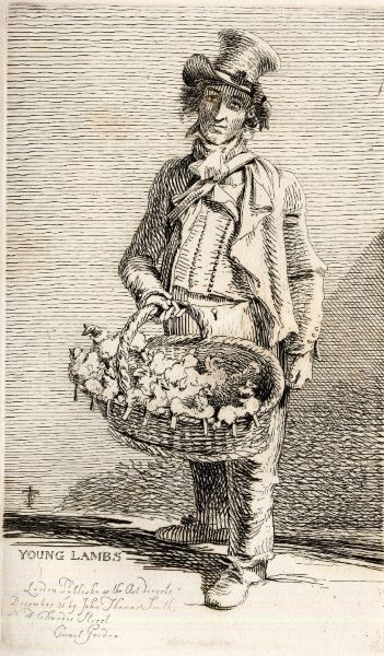 A colourless etching of a man dressed in Victorian clothing, holding a basket filled with lambs