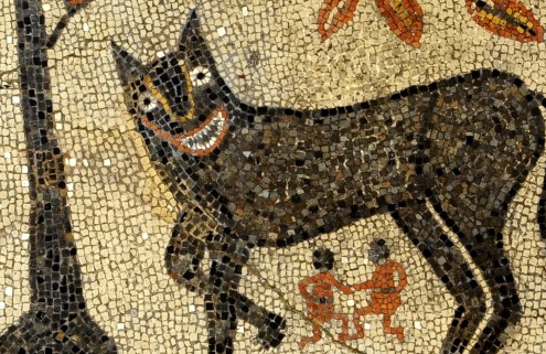 Details from the wolf and twins mosaic at Leeds City Museum showing a smiling wolf with twin babies
