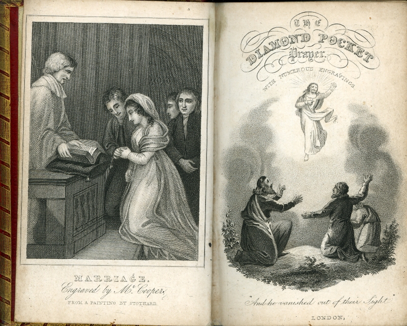 An old book open to it's title page, showing etchings of 3 men bowing to God and a woman kneeling at an alter on her wedding day.