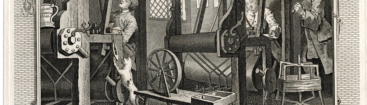 An etching of a factory scene by William Hogarth. Two men are working on looms, and a man stands at the door overseeing them.
