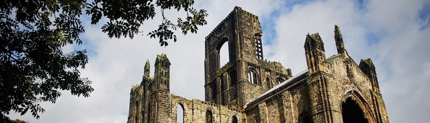 Kirkstall Abbey ruins shot from the ground, next to a tree