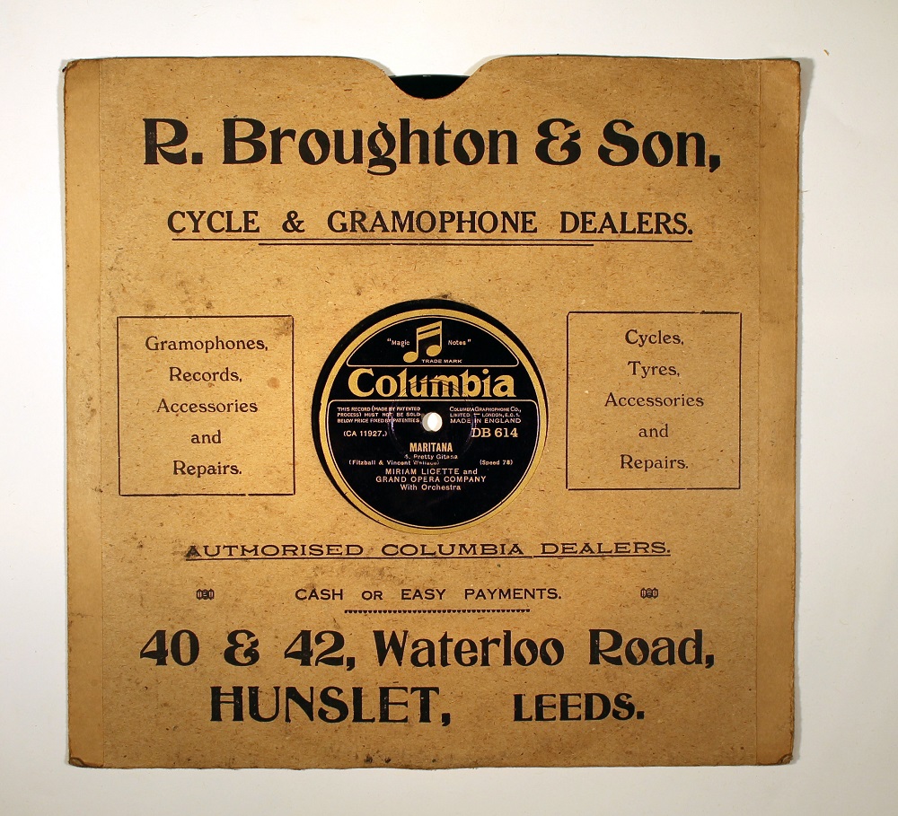 A very old record with a paper cover with the text showing it was bought in R. Broughton & Son.