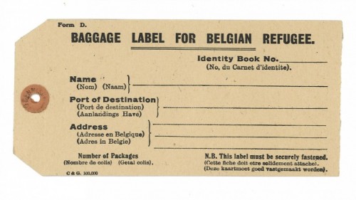A blank luggage label of the type given to Belgian refugees who arrived in Otley during the First World War