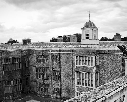 Black and white photograph of Temple Newsam house taken from the rooftop