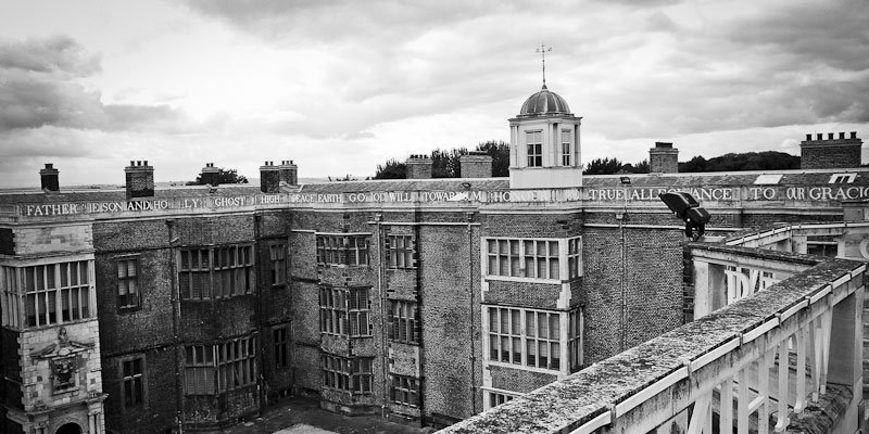 Black and white photograph of Temple Newsam house taken from the rooftop